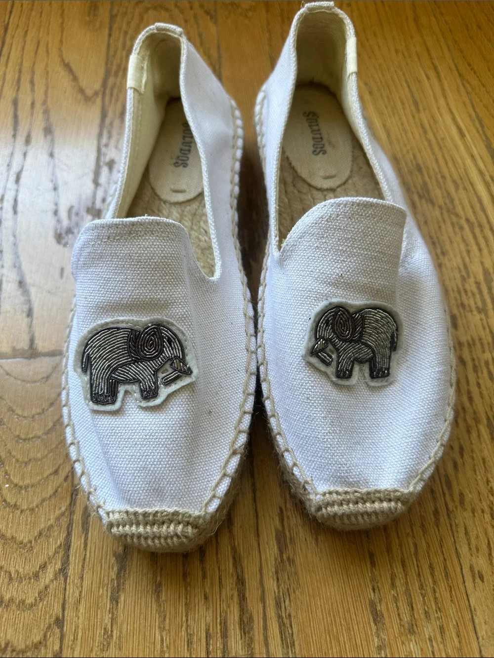 Soludos White Canvas Espadrilles with Embroidered Elephant Appliqués
